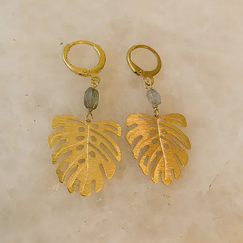 Brushed Monstera Leaf Earrings w/ Labradorite- Brass