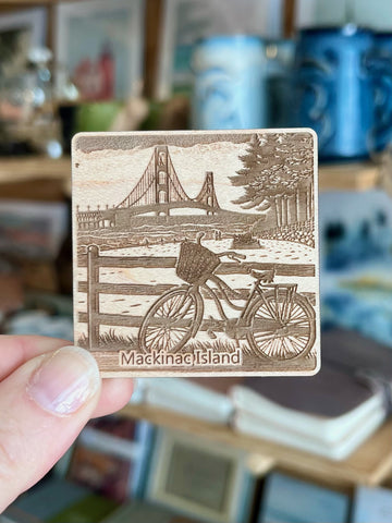 Mackinac Island Bridge Bike Scene Square Magnet