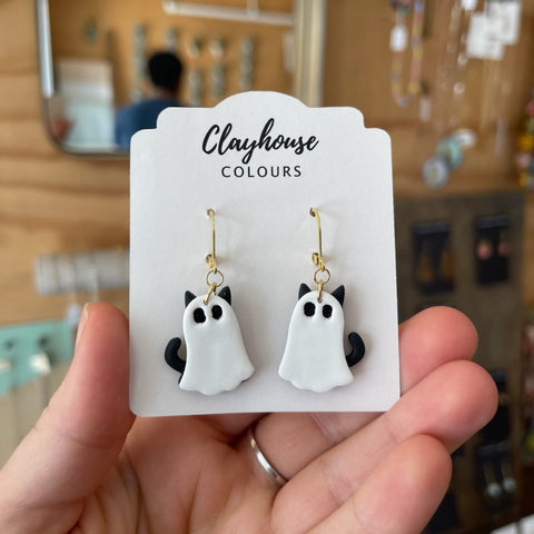 Ghost Pets Halloween Clay Earrings Ghost Cat